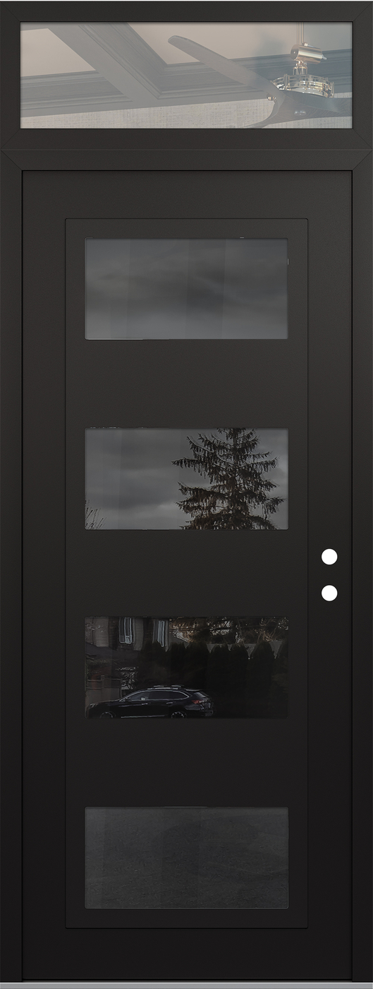 Modern Steel Front Door DIAMOND C2 36" X 96" BLACK/BLACK MIRRORED GLASS PANEL BLACK LHI WITH TRANSOM CLEAR GLASS