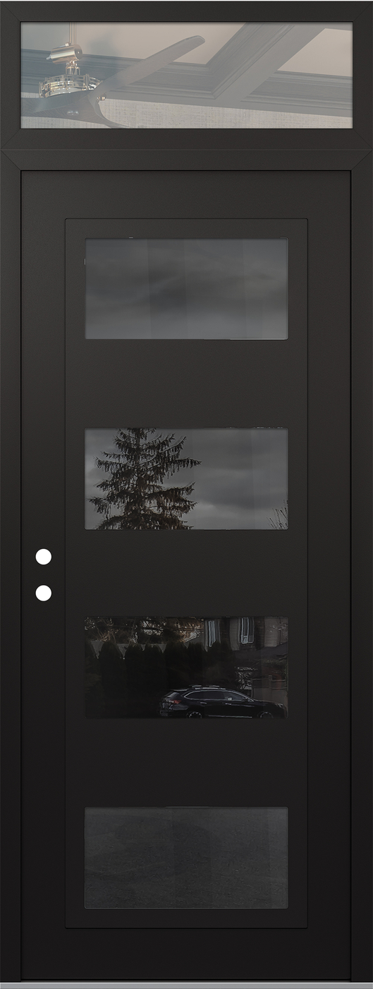Modern Steel Front Door DIAMOND C2 36" X 96" BLACK/BLACK MIRRORED GLASS PANEL BLACK RHI WITH TRANSOM CLEAR GLASS