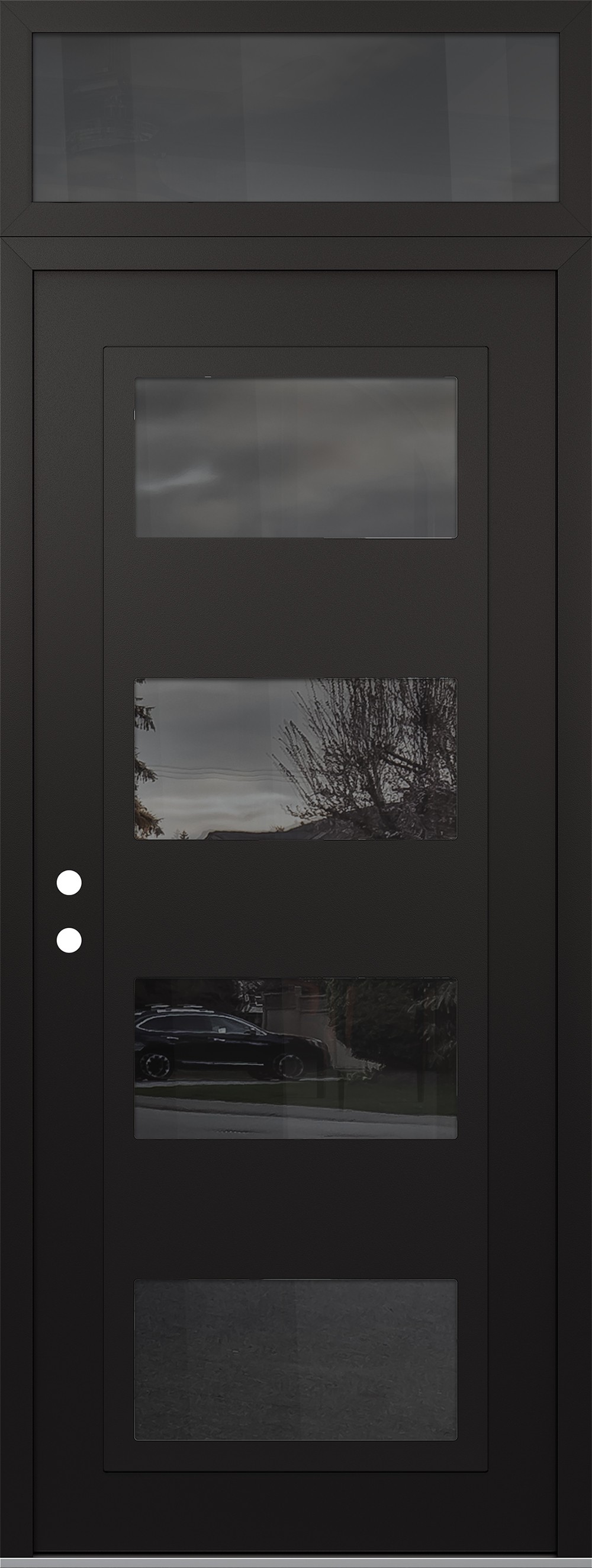 Modern Steel Front Door DIAMOND C2 36" X 96" BLACK/BLACK MIRRORED GLASS PANEL BLACK RHI WITH TRANSOM MIRRORED GLASS
