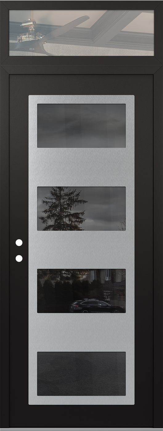 Modern Steel Front Door DIAMOND C2 36" X 96" BLACK/BLACK MIRRORED GLASS PANEL STAINLESS STEEL RHI WITH TRANSOM CLEAR GLASS