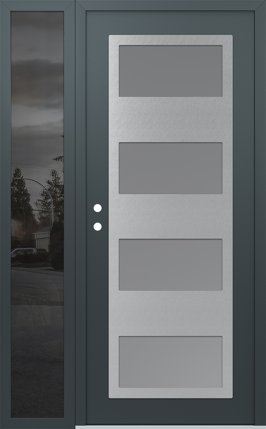 Modern Steel Front Door Diamond C2 48" x 80" anthracite/anthracite frosted Glass Panel stainless steel RHI with Sidelite mirrored Glass