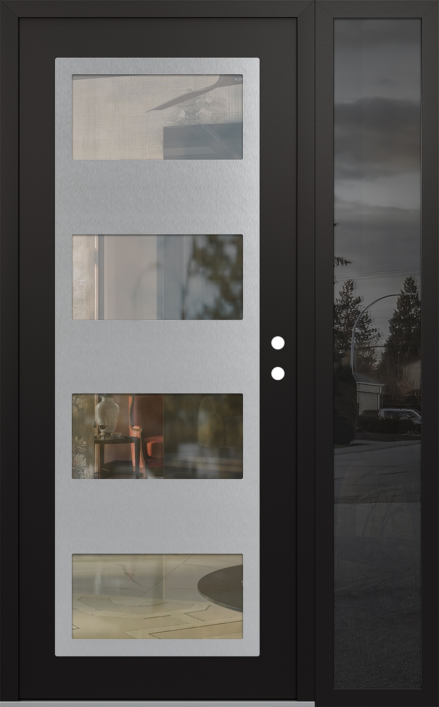 Modern Steel Front Door Diamond C2 48" x 80" black/black clear Glass Panel stainless steel LHI with Sidelite mirrored Glass