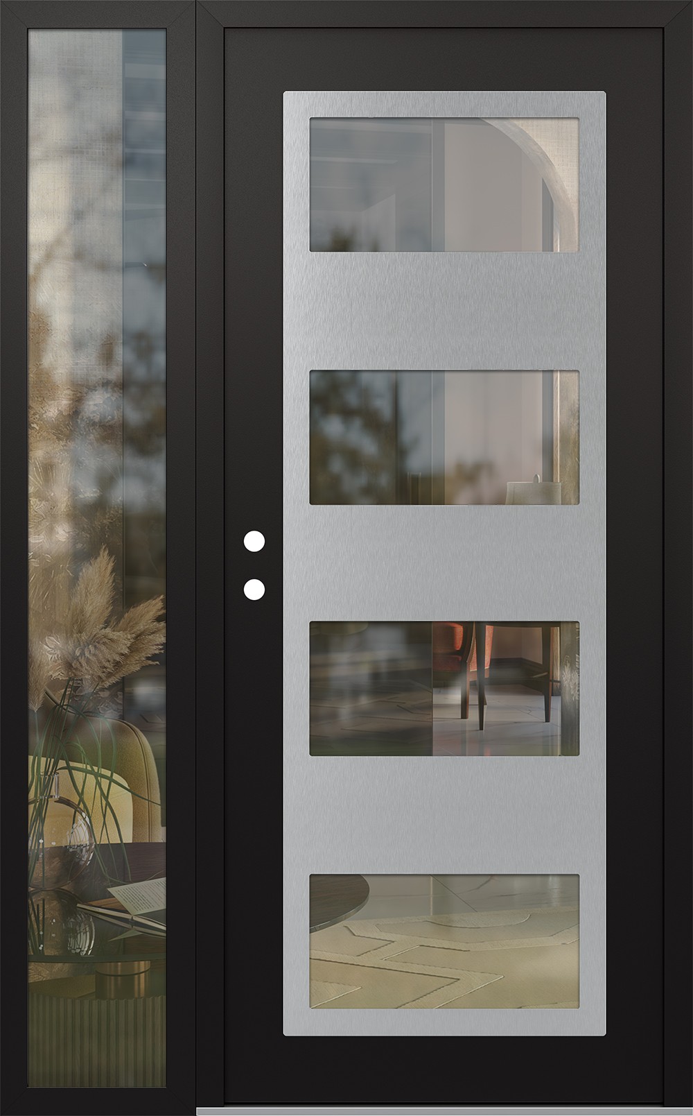 Modern Steel Front Door Diamond C2 48" x 80" black/black clear Glass Panel stainless steel RHI with Sidelite clear Glass