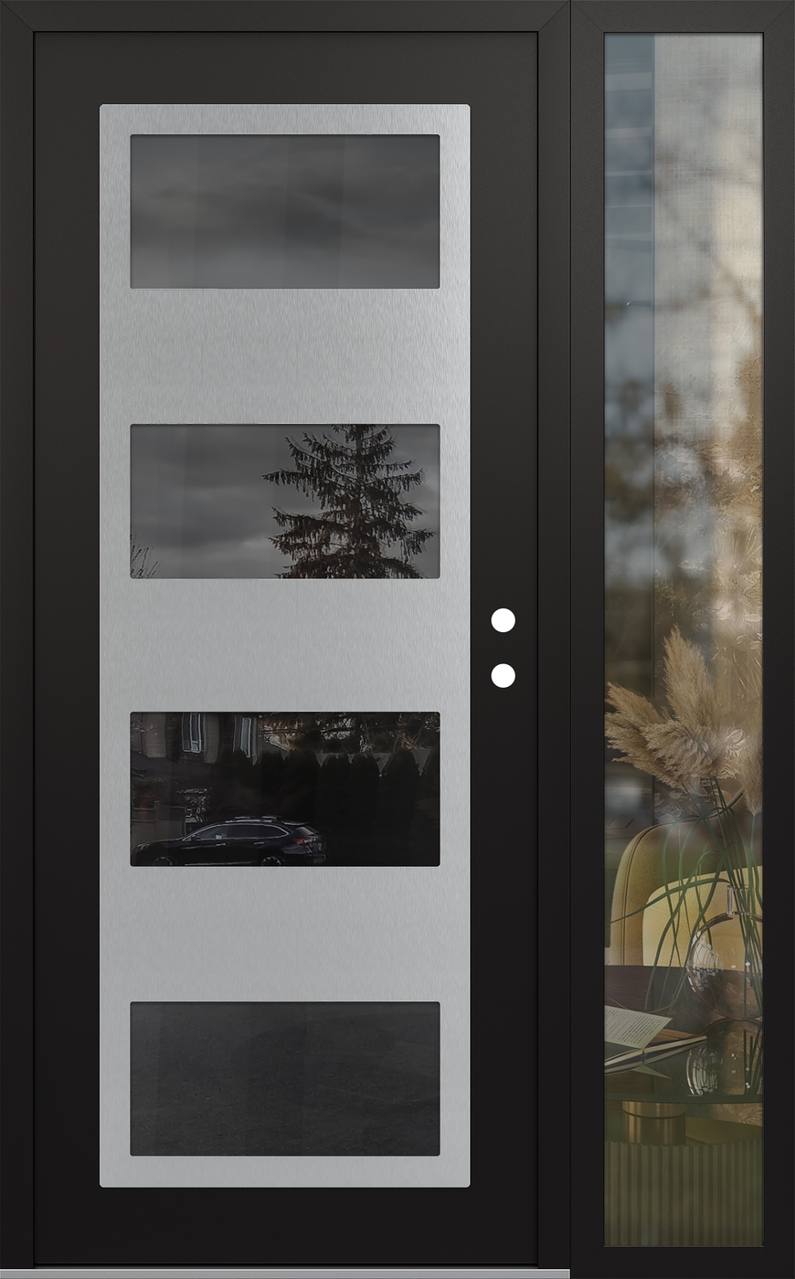Modern Steel Front Door Diamond C2 48" x 80" black/black mirrored Glass Panel stainless steel LHI with Sidelite clear Glass