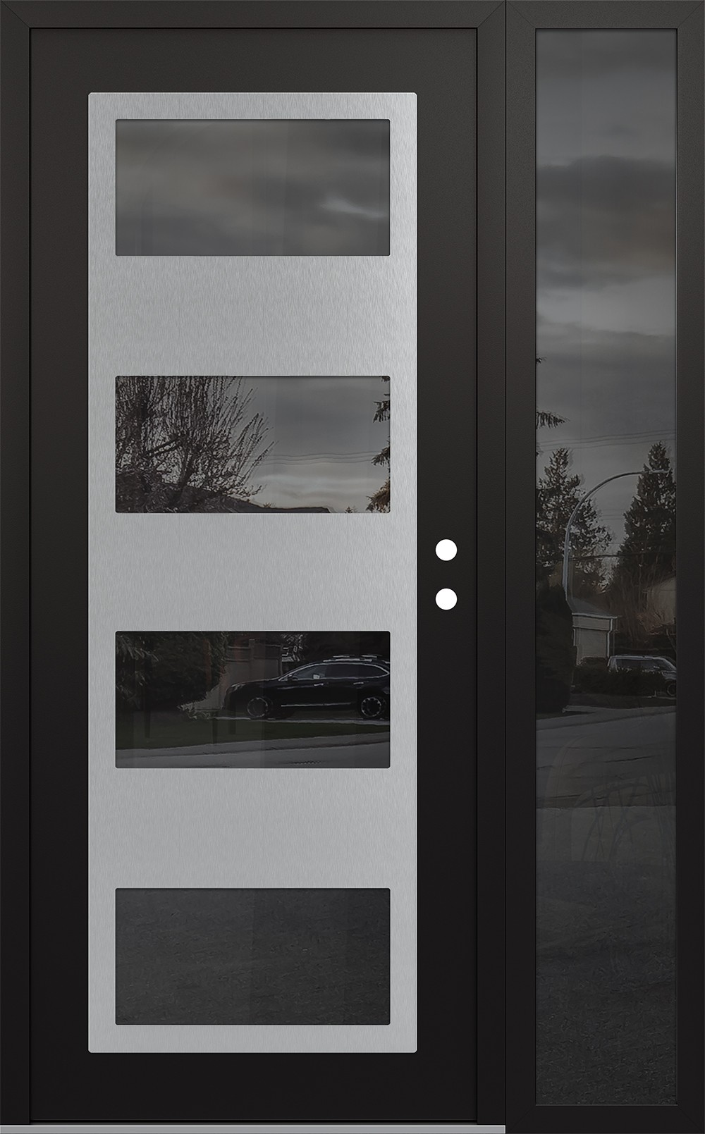 Modern Steel Front Door Diamond C2 48" x 80" black/black mirrored Glass Panel stainless steel LHI with Sidelite mirrored Glass