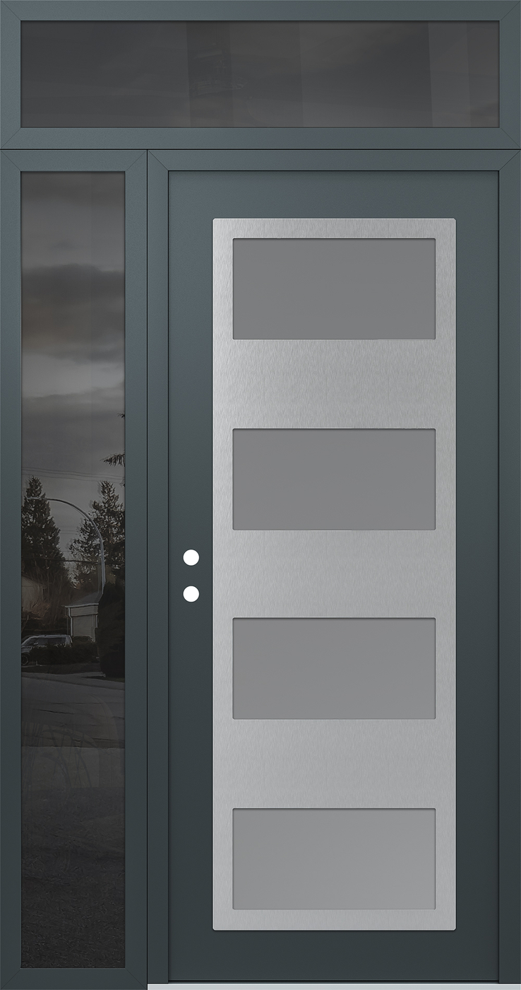Modern Steel Front Door Diamond C2 48" x 96" anthracite/anthracite frosted Glass Panel stainless steel RHI with Sidelite and Transom mirrored Glass