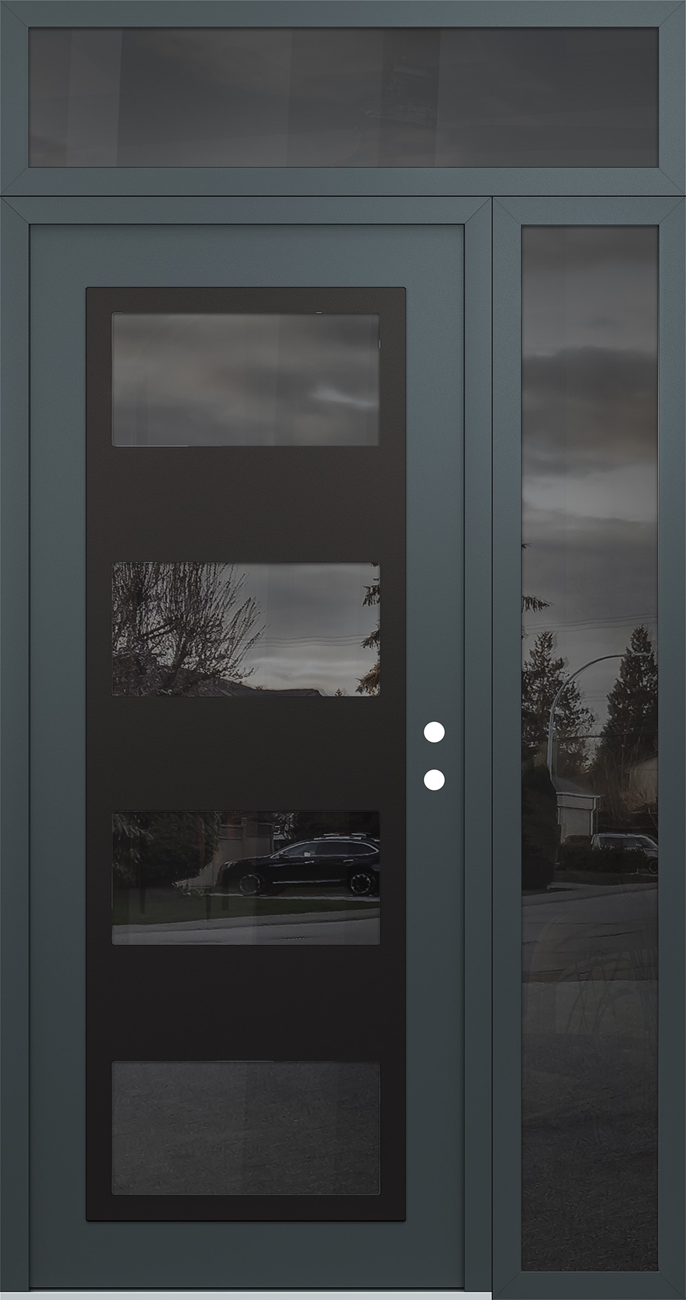 Modern Steel Front Door Diamond C2 48" x 96" anthracite/anthracite mirrored Glass Panel black LHI with Sidelite and Transom mirrored Glass