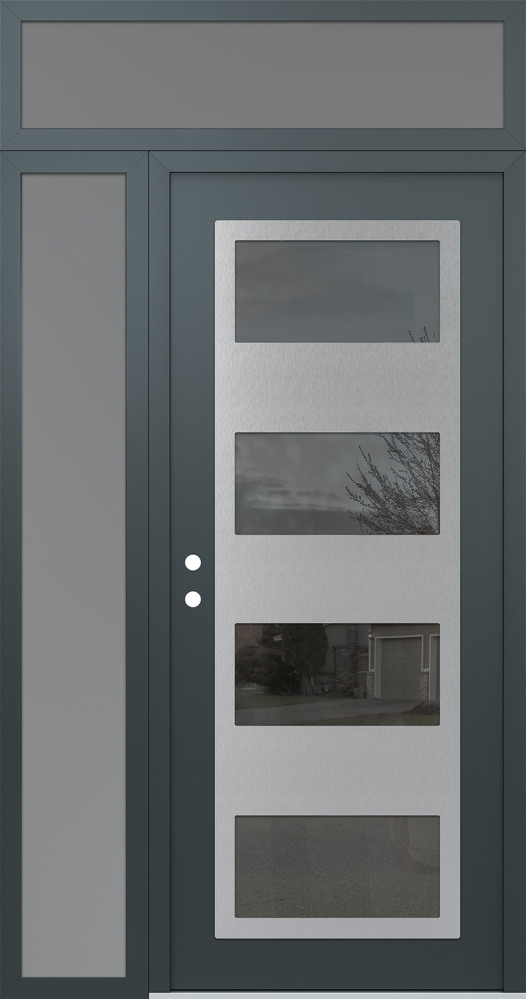 Modern Steel Front Door Diamond C2 48" x 96" anthracite/anthracite mirrored Glass Panel stainless steel RHI with Sidelite and Transom frosted Glass