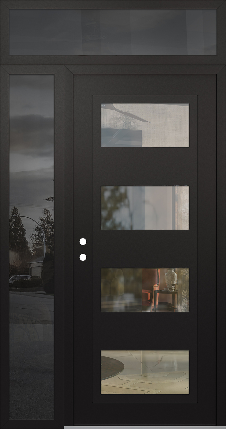 Modern Steel Front Door Diamond C2 48" x 96" black/black clear Glass Panel black RHI with Sidelite and Transom mirrored Glass