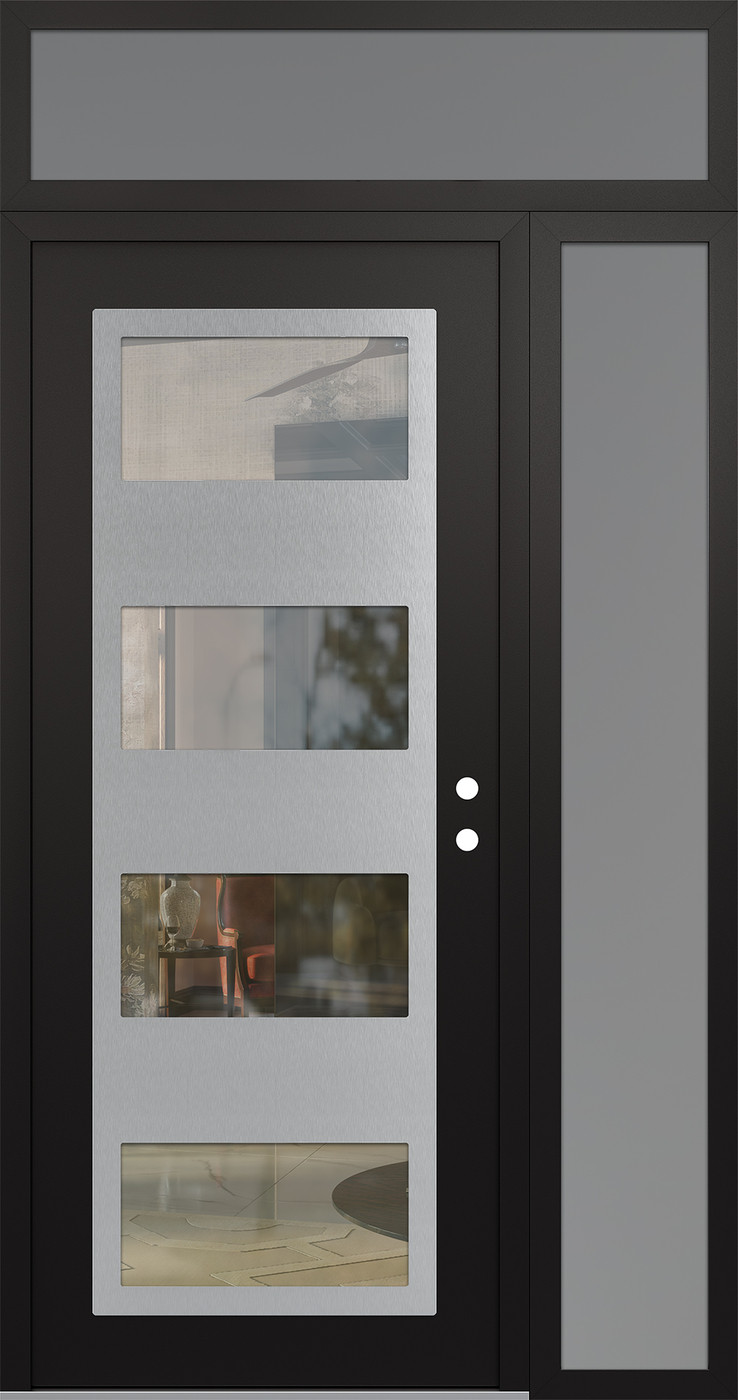 Modern Steel Front Door Diamond C2 48" x 96" black/black clear Glass Panel stainless steel LHI with Sidelite and Transom frosted Glass