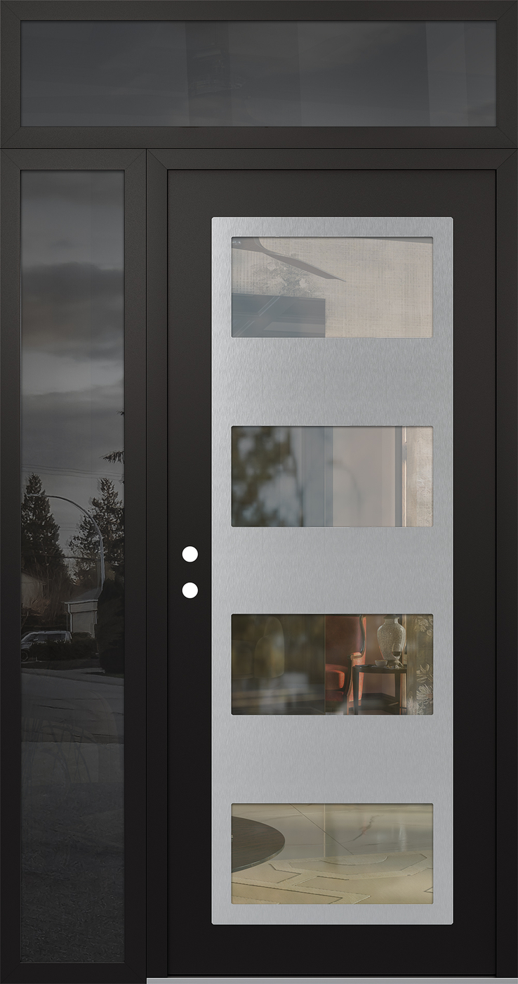 Modern Steel Front Door Diamond C2 48" x 96" black/black clear Glass Panel stainless steel RHI with Sidelite and Transom mirrored Glass