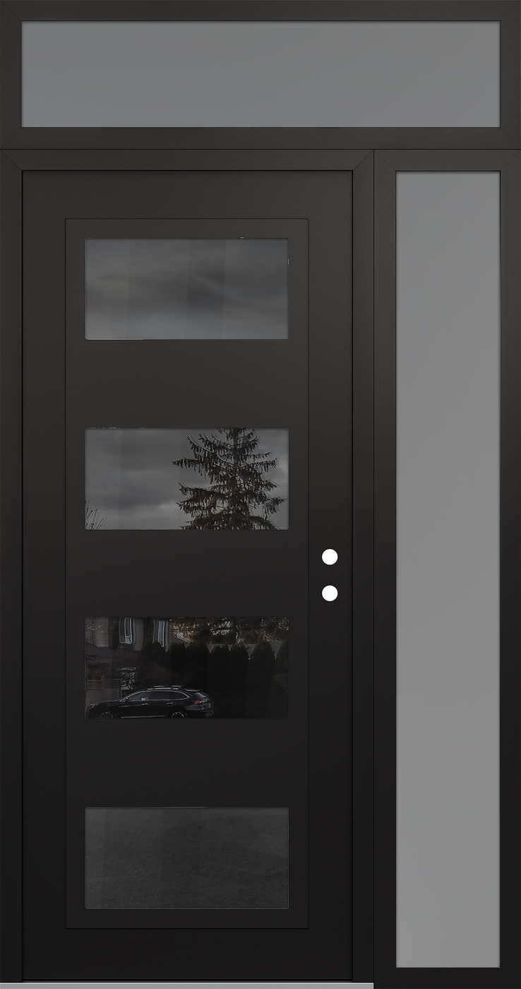 Modern Steel Front Door Diamond C2 48" x 96" black/black mirrored Glass Panel black LHI with Sidelite and Transom frosted Glass