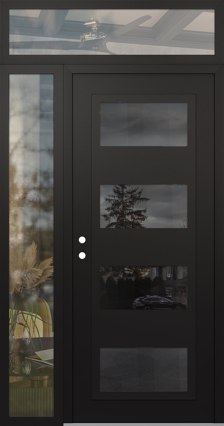 Modern Steel Front Door Diamond C2 48" x 96" black/black mirrored Glass Panel black RHI with Sidelite and Transom clear Glass