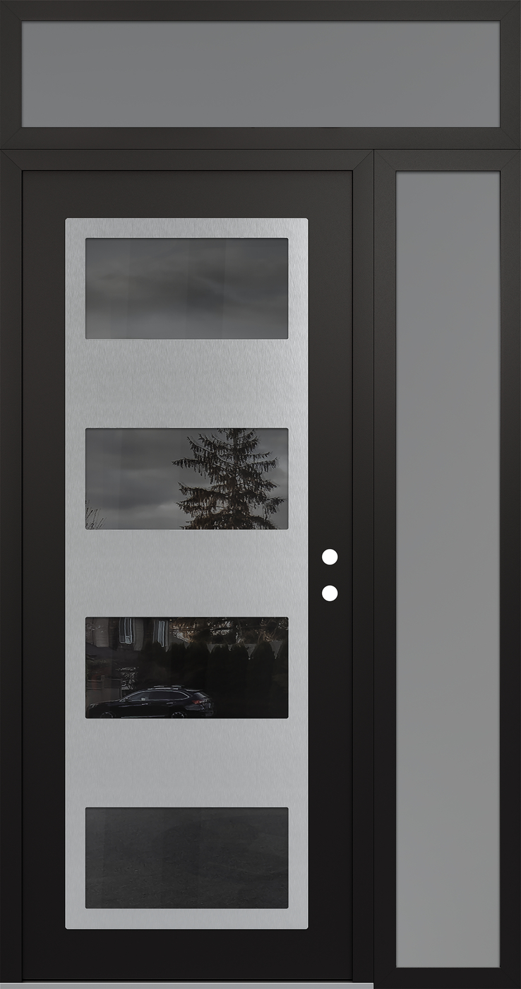 Modern Steel Front Door Diamond C2 48" x 96" black/black mirrored Glass Panel stainless steel LHI with Sidelite and Transom frosted Glass