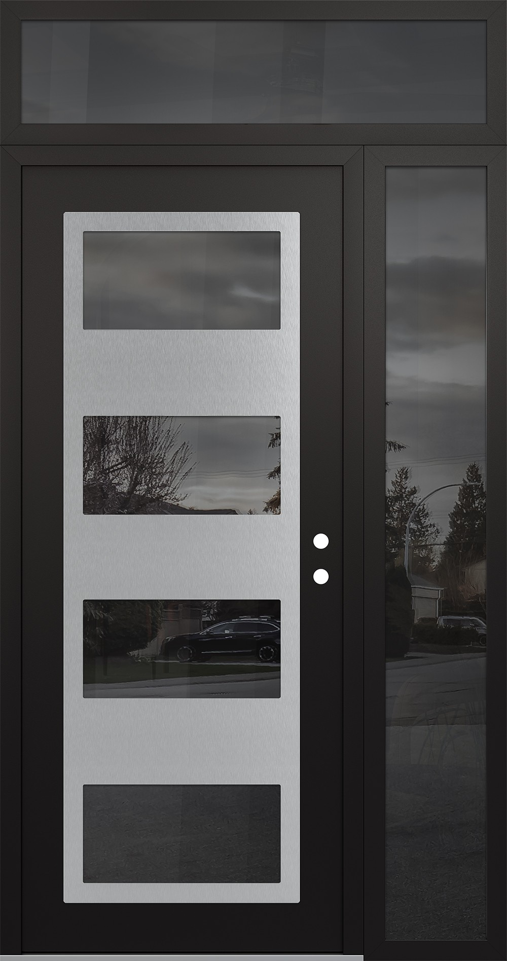Modern Steel Front Door Diamond C2 48" x 96" black/black mirrored Glass Panel stainless steel LHI with Sidelite and Transom mirrored Glass