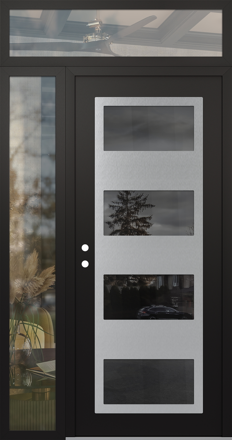 Modern Steel Front Door Diamond C2 48" x 96" black/black mirrored Glass Panel stainless steel RHI with Sidelite and Transom clear Glass