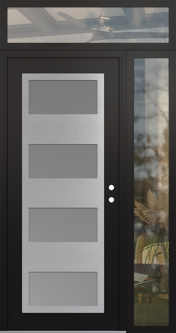 Modern Steel Front Door Diamond C2 48" x 96" black/white frosted Glass Panel stainless steel LHI with Sidelite and Transom clear Glass
