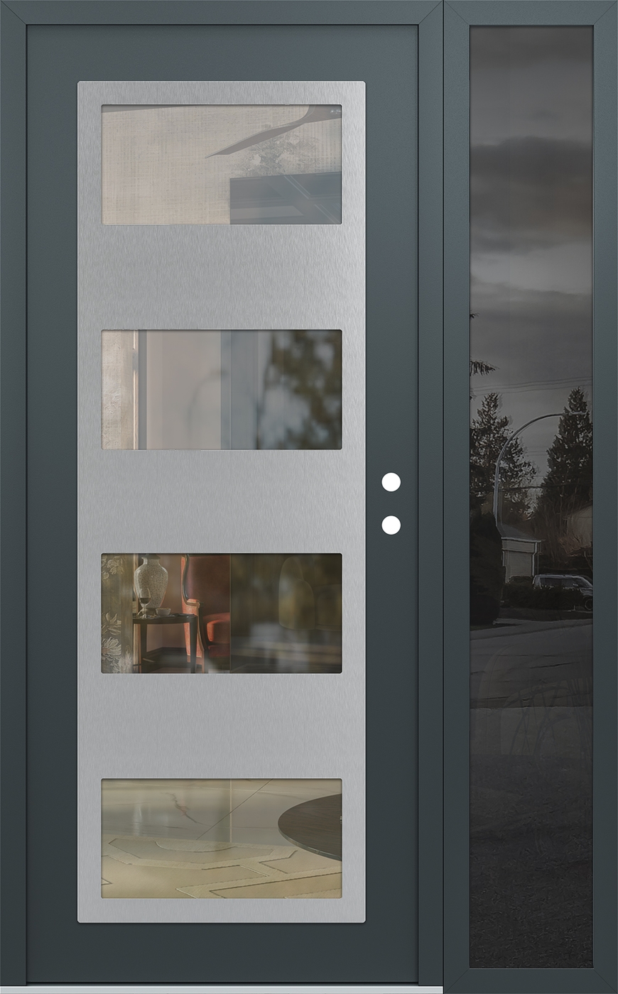 Modern Steel Front Door Diamond C2 50" x 80" anthracite/anthracite clear Glass Panel stainless steel LHI with Sidelite mirrored Glass