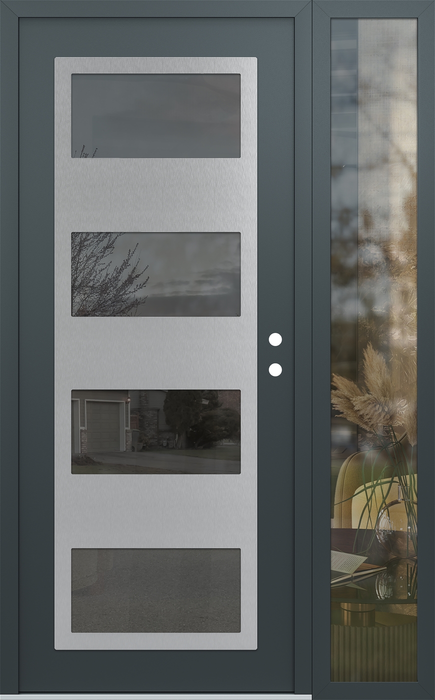 Modern Steel Front Door Diamond C2 50" x 80" anthracite/anthracite mirrored Glass Panel stainless steel LHI with Sidelite clear Glass