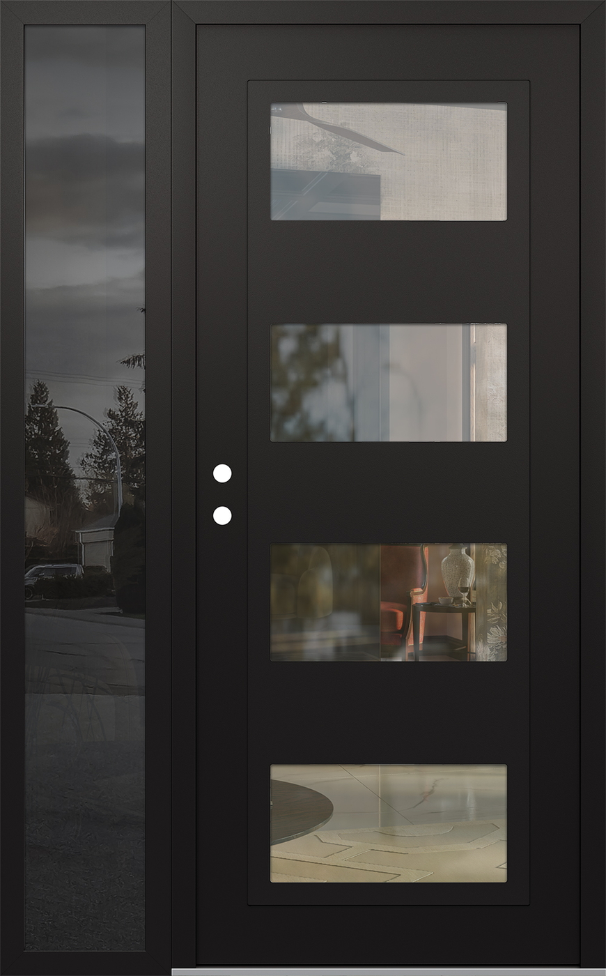 Modern Steel Front Door Diamond C2 50" x 80" black/black clear Glass Panel black RHI with Sidelite mirrored Glass