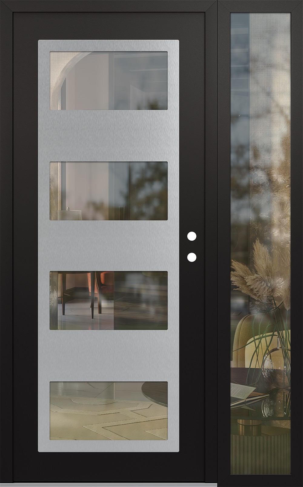 Modern Steel Front Door Diamond C2 50" x 80" black/black clear Glass Panel stainless steel LHI with Sidelite clear Glass