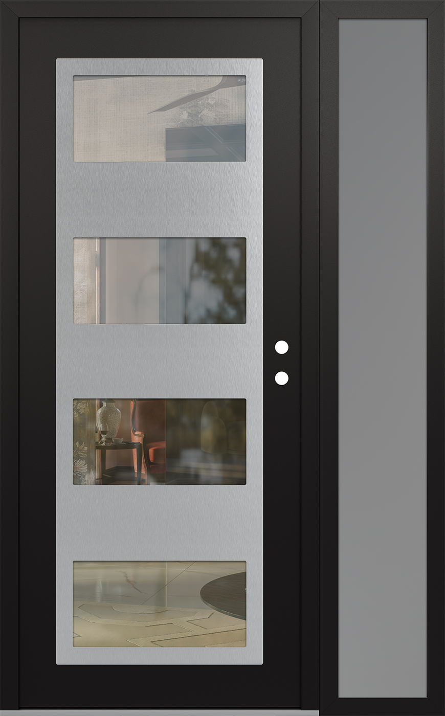 Modern Steel Front Door Diamond C2 50" x 80" black/black clear Glass Panel stainless steel LHI with Sidelite frosted Glass