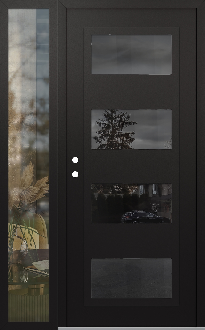 Modern Steel Front Door Diamond C2 50" x 80" black/black mirrored Glass Panel black RHI with Sidelite clear Glass