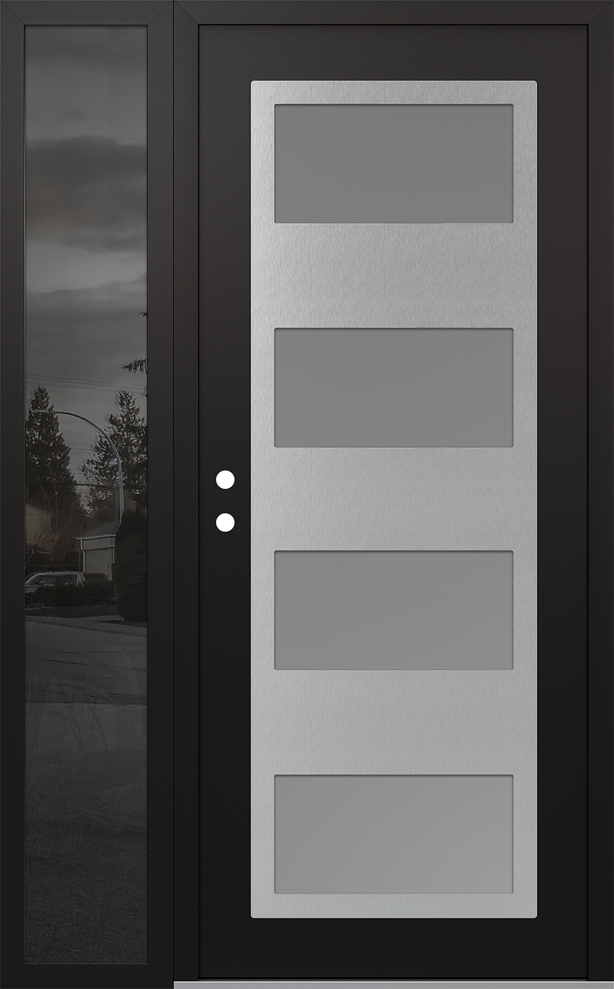 Modern Steel Front Door Diamond C2 50" x 80" black/white frosted Glass Panel stainless steel RHI with Sidelite mirrored Glass