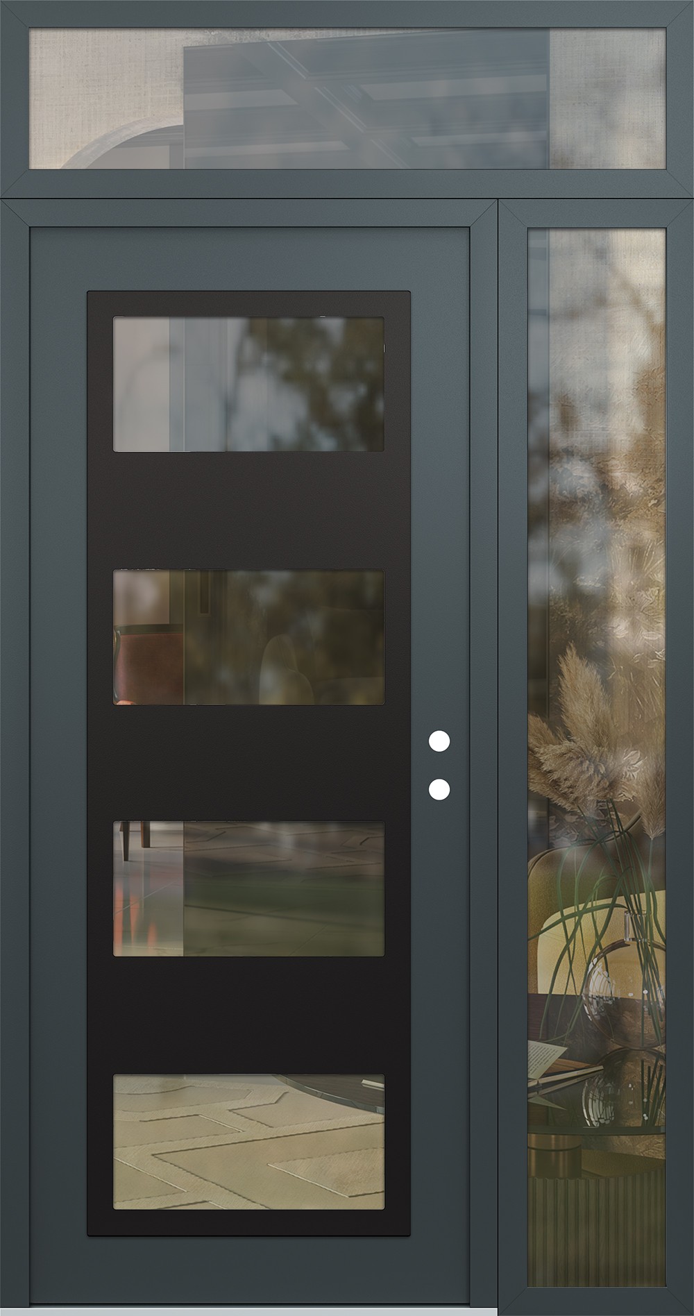 Modern Steel Front Door Diamond C2 50" x 96" anthracite/anthracite clear Glass Panel black LHI with Sidelite and Transom clear Glass