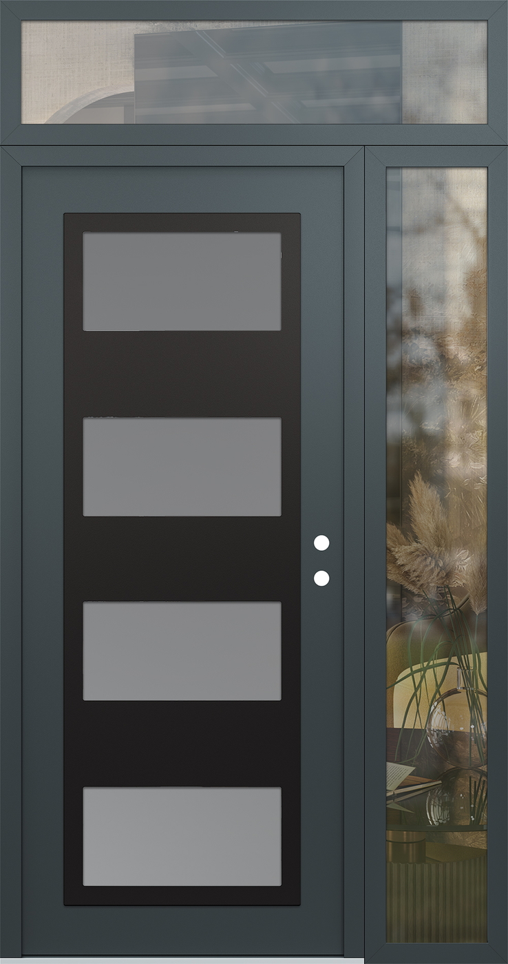 Modern Steel Front Door Diamond C2 50" x 96" anthracite/anthracite frosted Glass Panel black LHI with Sidelite and Transom clear Glass