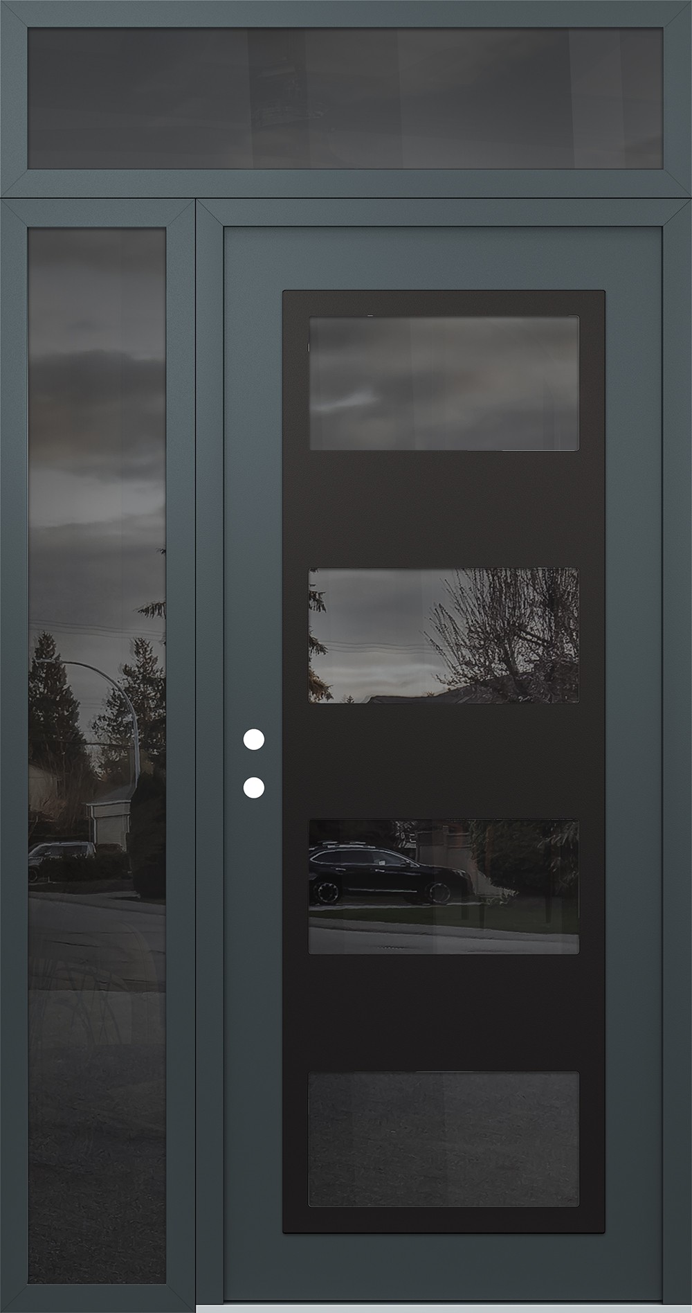 Modern Steel Front Door Diamond C2 50" x 96" anthracite/anthracite mirrored Glass Panel black RHI with Sidelite and Transom mirrored Glass
