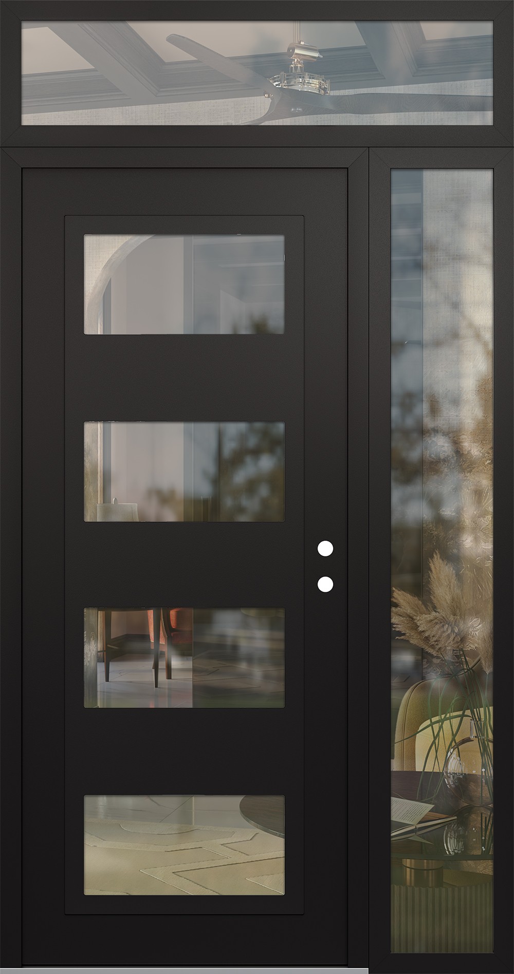 Modern Steel Front Door Diamond C2 50" x 96" black/black clear Glass Panel black LHI with Sidelite and Transom clear Glass