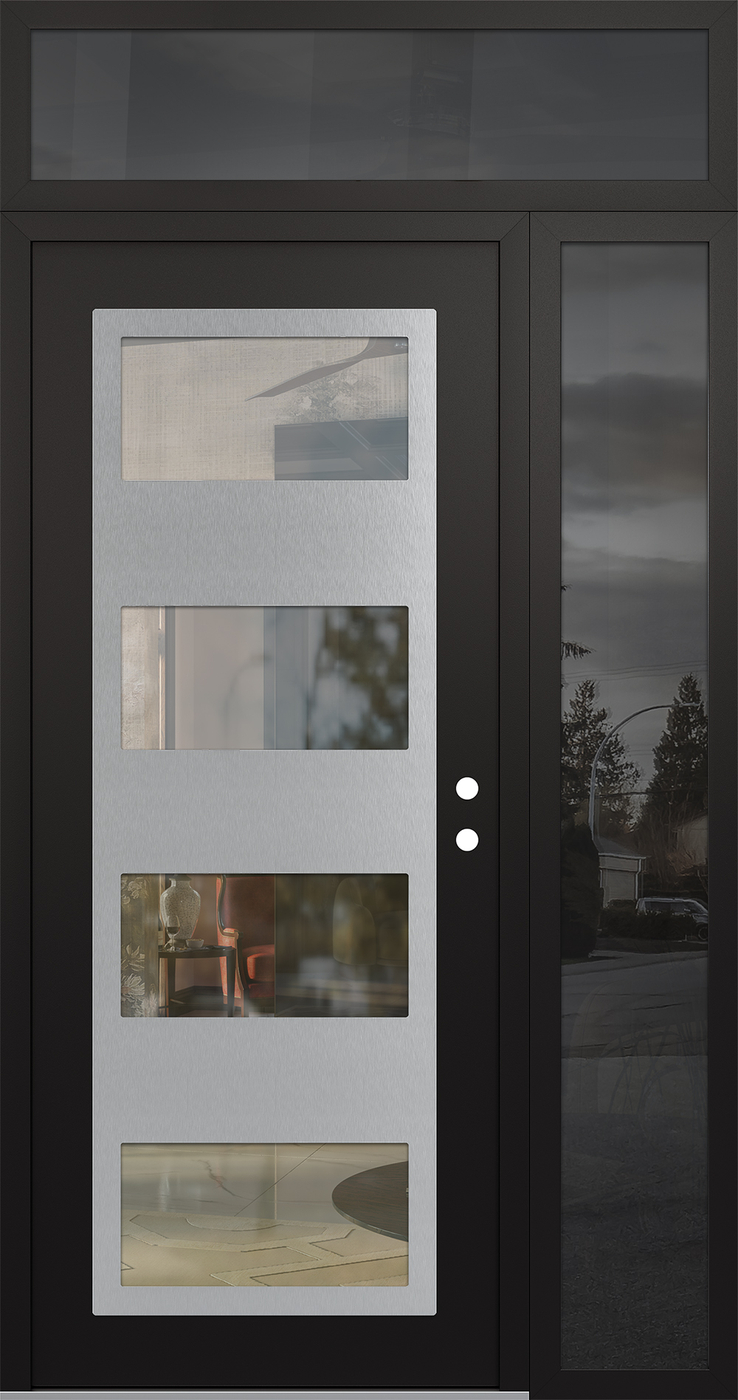 Modern Steel Front Door Diamond C2 50" x 96" black/black clear Glass Panel stainless steel LHI with Sidelite and Transom mirrored Glass