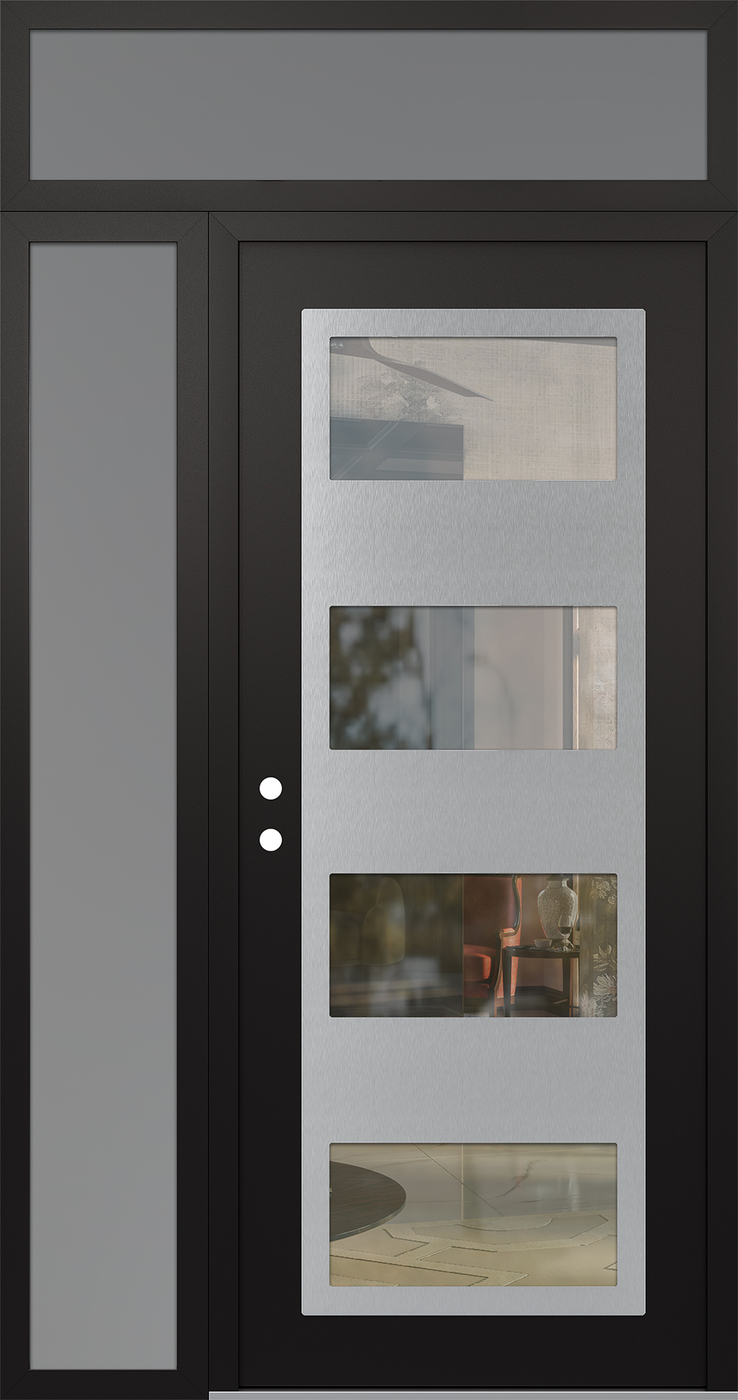 Modern Steel Front Door Diamond C2 50" x 96" black/black clear Glass Panel stainless steel RHI with Sidelite and Transom frosted Glass