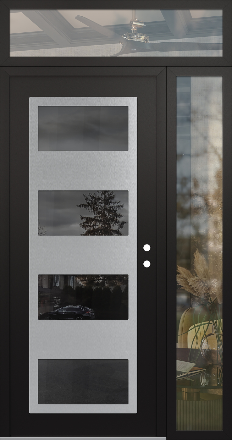 Modern Steel Front Door Diamond C2 50" x 96" black/black mirrored Glass Panel stainless steel LHI with Sidelite and Transom clear Glass