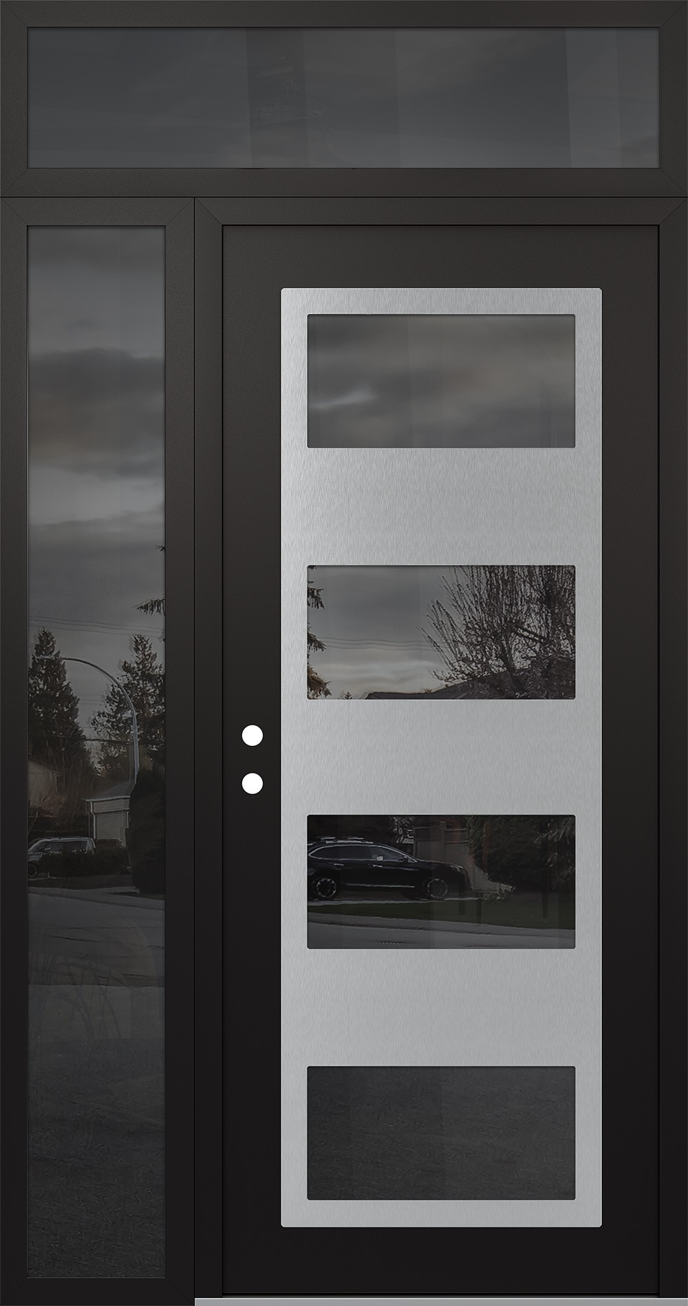 Modern Steel Front Door Diamond C2 50" x 96" black/black mirrored Glass Panel stainless steel RHI with Sidelite and Transom mirrored Glass