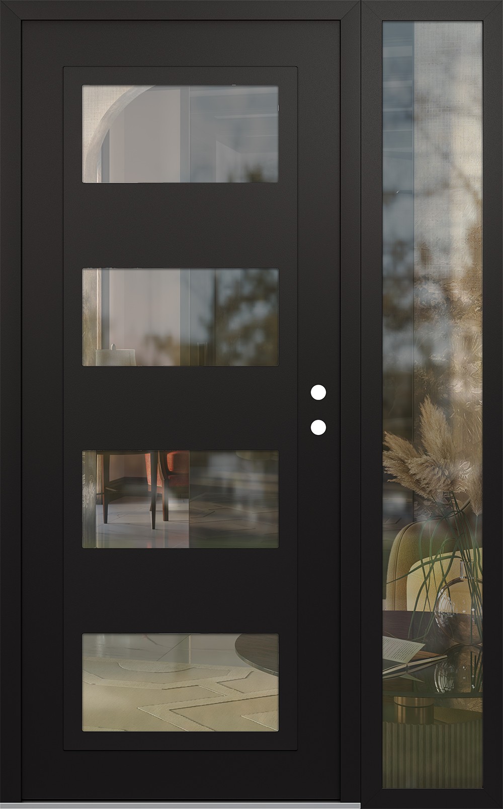Modern Steel Front Door Diamond C2 52" x 80" black/black clear Glass Panel black LHI with Sidelite clear Glass
