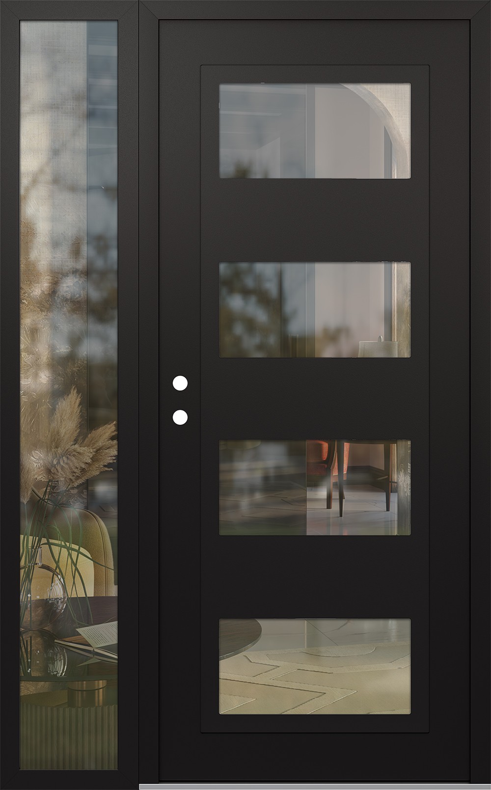 Modern Steel Front Door Diamond C2 52" x 80" black/black clear Glass Panel black RHI with Sidelite clear Glass