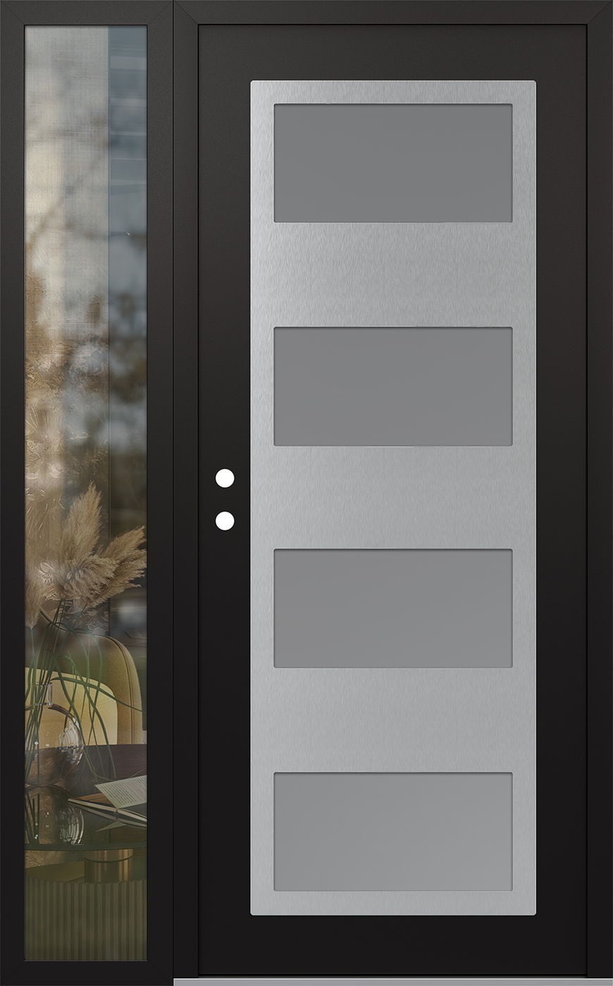 Modern Steel Front Door Diamond C2 52" x 80" black/white frosted Glass Panel stainless steel RHI with Sidelite clear Glass