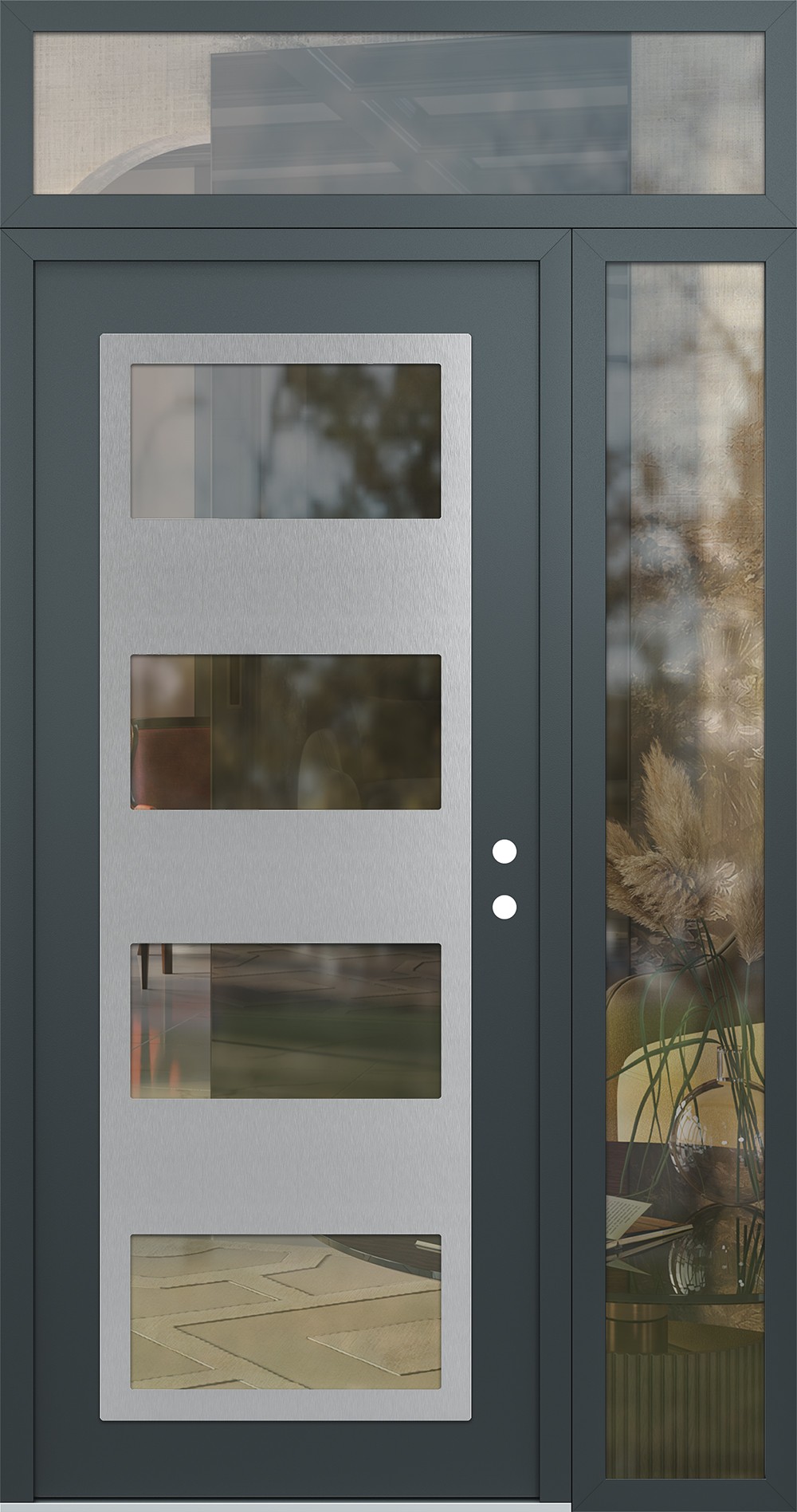 Modern Steel Front Door Diamond C2 52" x 96" anthracite/anthracite clear Glass Panel stainless steel LHI with Sidelite and Transom clear Glass