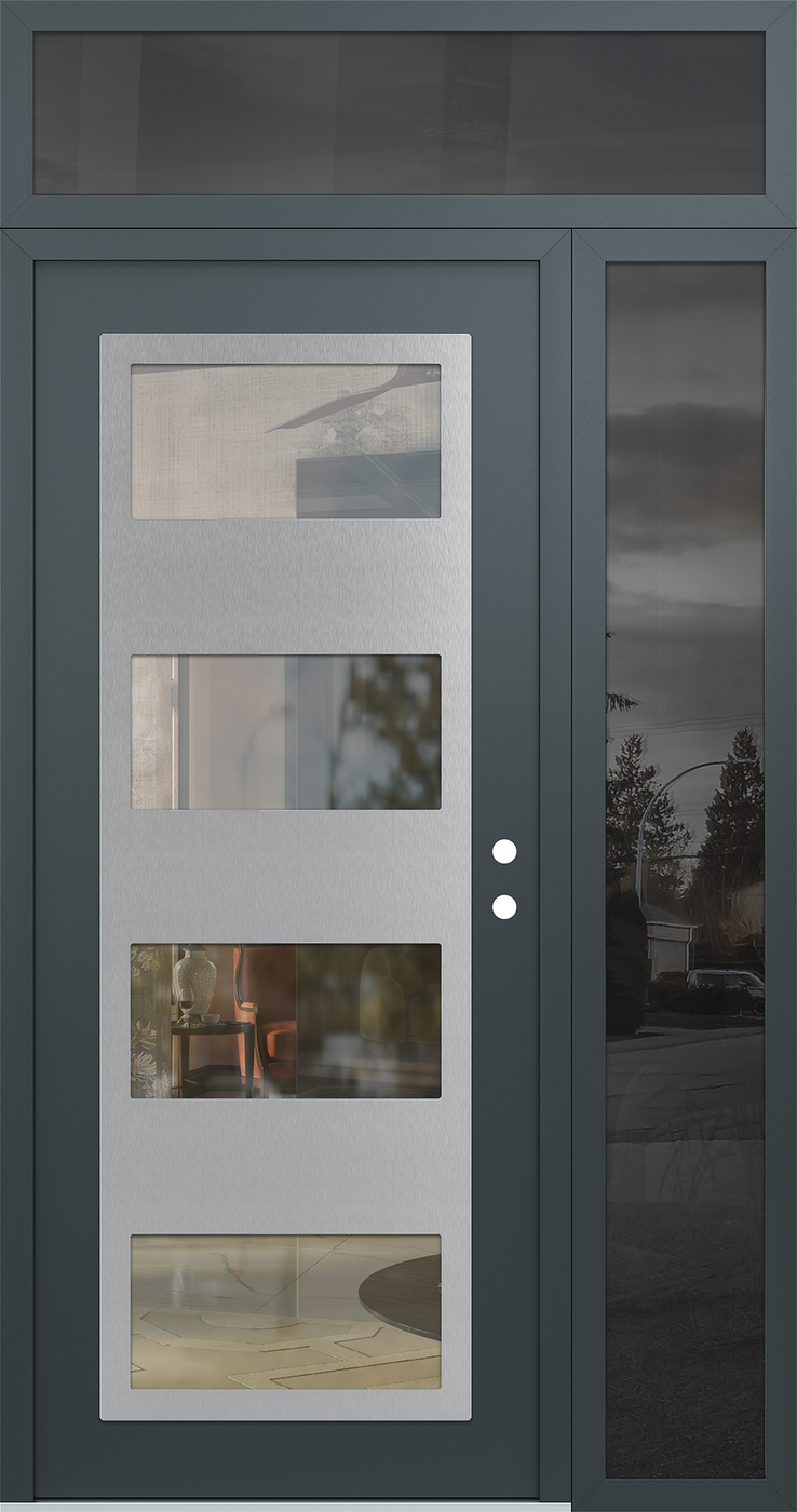 Modern Steel Front Door Diamond C2 52" x 96" anthracite/anthracite clear Glass Panel stainless steel LHI with Sidelite and Transom mirrored Glass