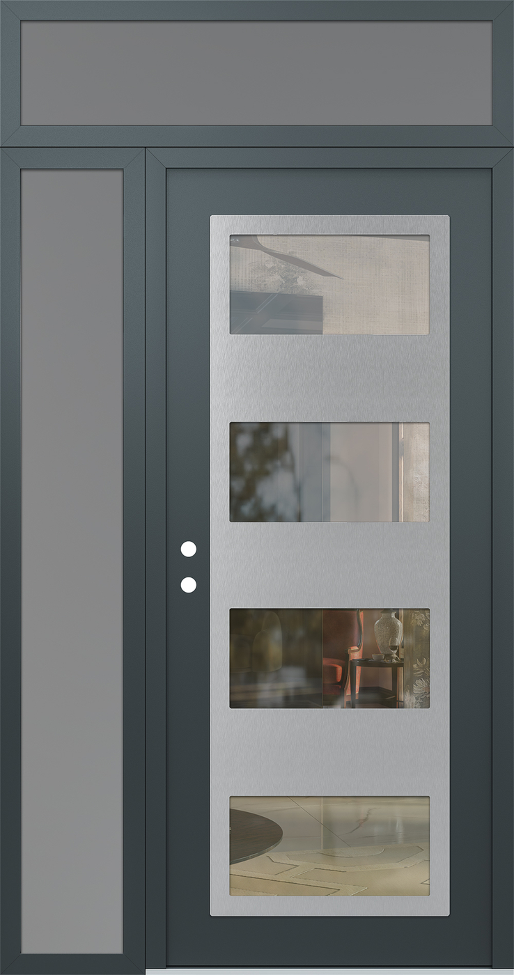 Modern Steel Front Door Diamond C2 52" x 96" anthracite/anthracite clear Glass Panel stainless steel RHI with Sidelite and Transom frosted Glass