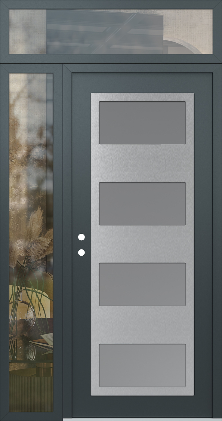 Modern Steel Front Door Diamond C2 52" x 96" anthracite/anthracite frosted Glass Panel stainless steel RHI with Sidelite and Transom clear Glass