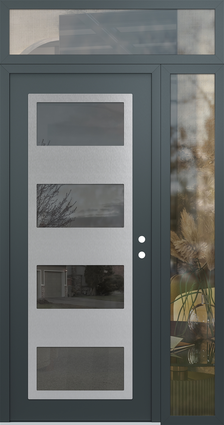 Modern Steel Front Door Diamond C2 52" x 96" anthracite/anthracite mirrored Glass Panel stainless steel LHI with Sidelite and Transom clear Glass