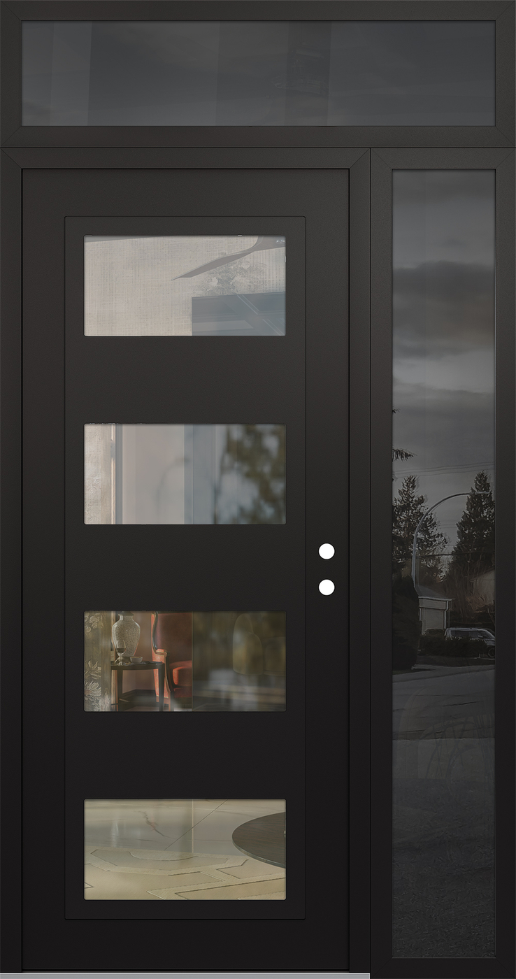 Modern Steel Front Door Diamond C2 52" x 96" black/black clear Glass Panel black LHI with Sidelite and Transom mirrored Glass