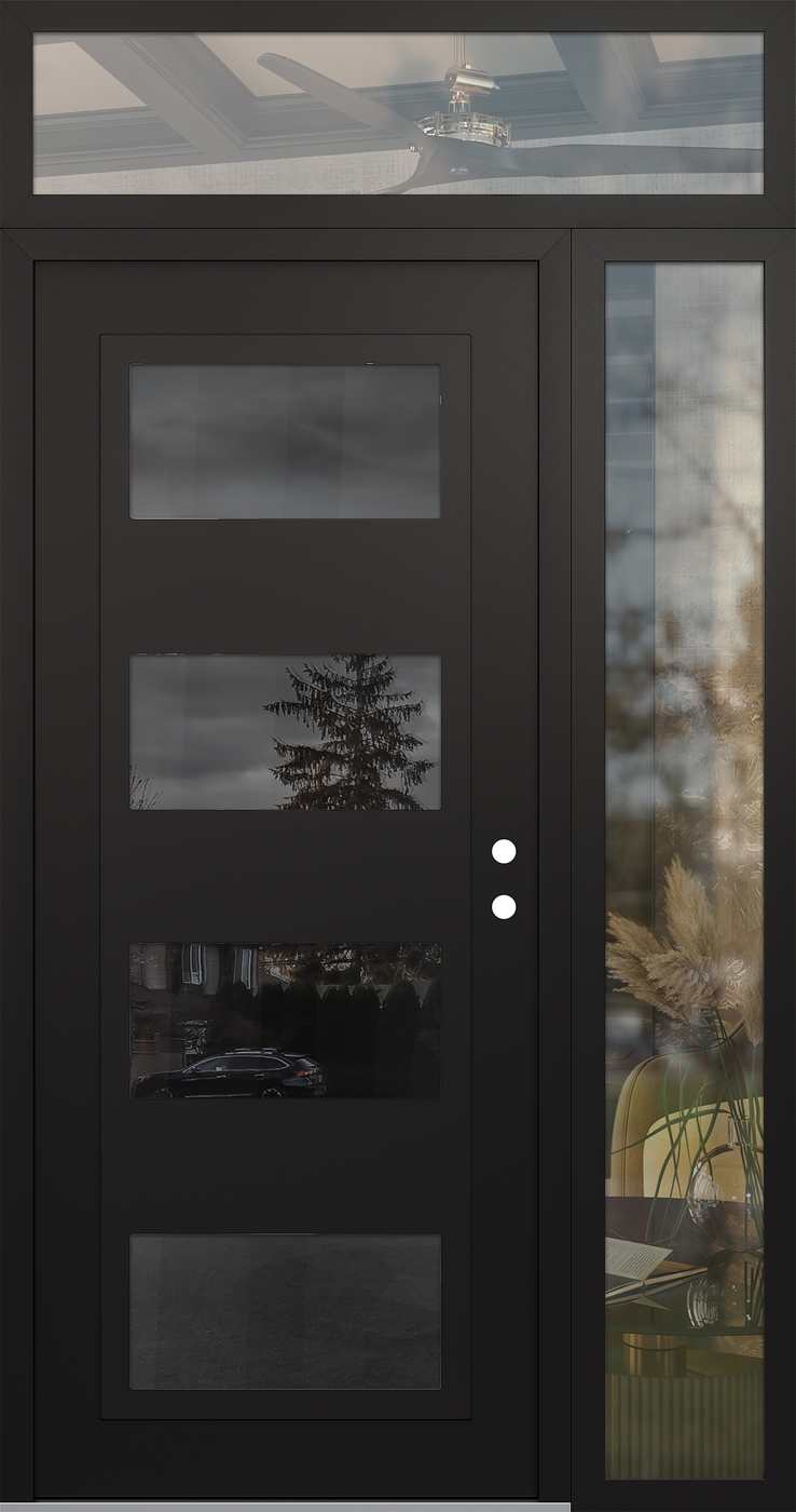 Modern Steel Front Door Diamond C2 52" x 96" black/black mirrored Glass Panel black LHI with Sidelite and Transom clear Glass