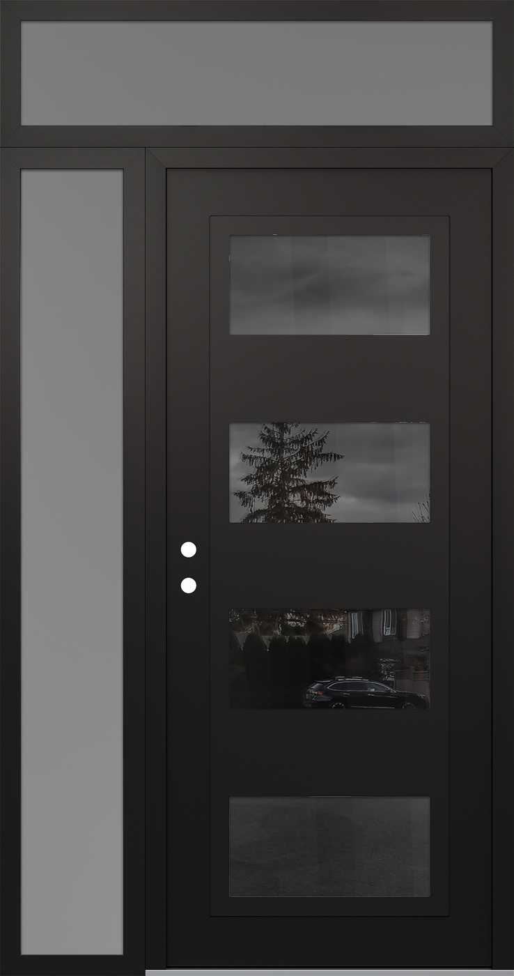 Modern Steel Front Door Diamond C2 52" x 96" black/black mirrored Glass Panel black RHI with Sidelite and Transom frosted Glass
