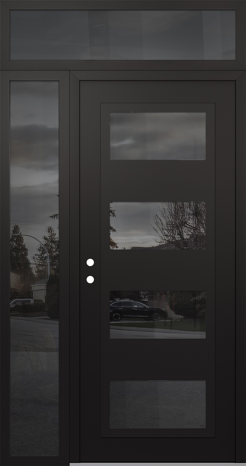 Modern Steel Front Door Diamond C2 52" x 96" black/black mirrored Glass Panel black RHI with Sidelite and Transom mirrored Glass