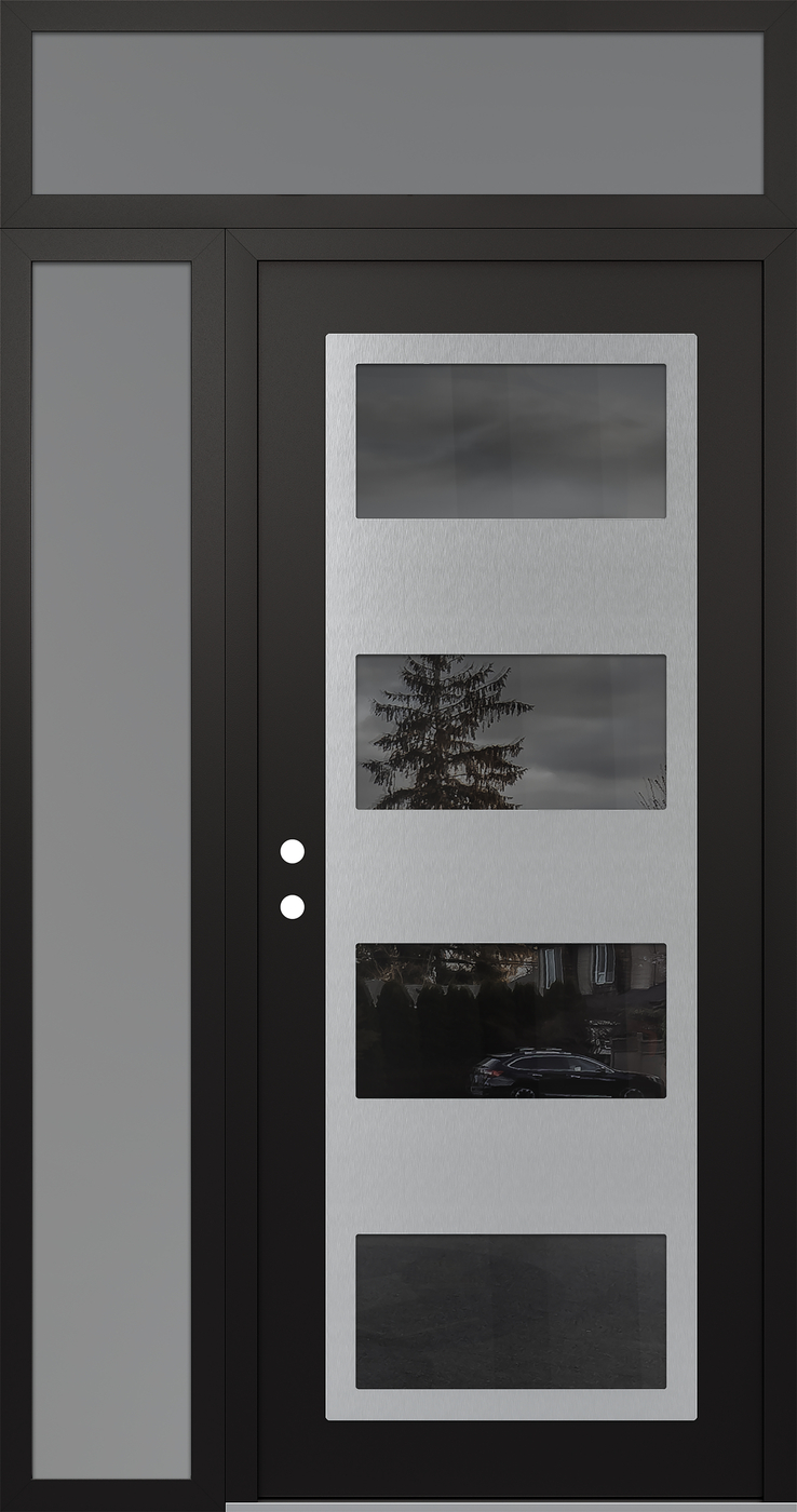 Modern Steel Front Door Diamond C2 52" x 96" black/black mirrored Glass Panel stainless steel RHI with Sidelite and Transom frosted Glass