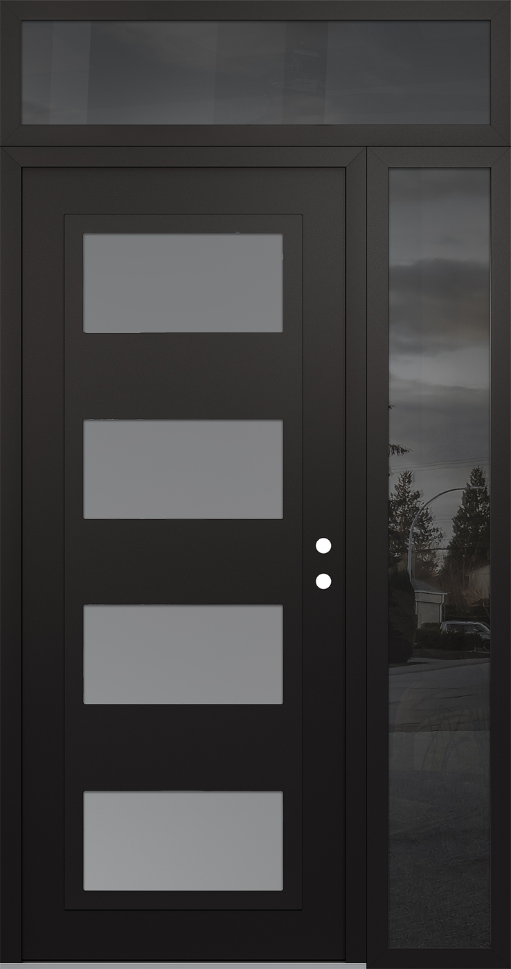 Modern Steel Front Door Diamond C2 52" x 96" black/white frosted Glass Panel black LHI with Sidelite and Transom mirrored Glass